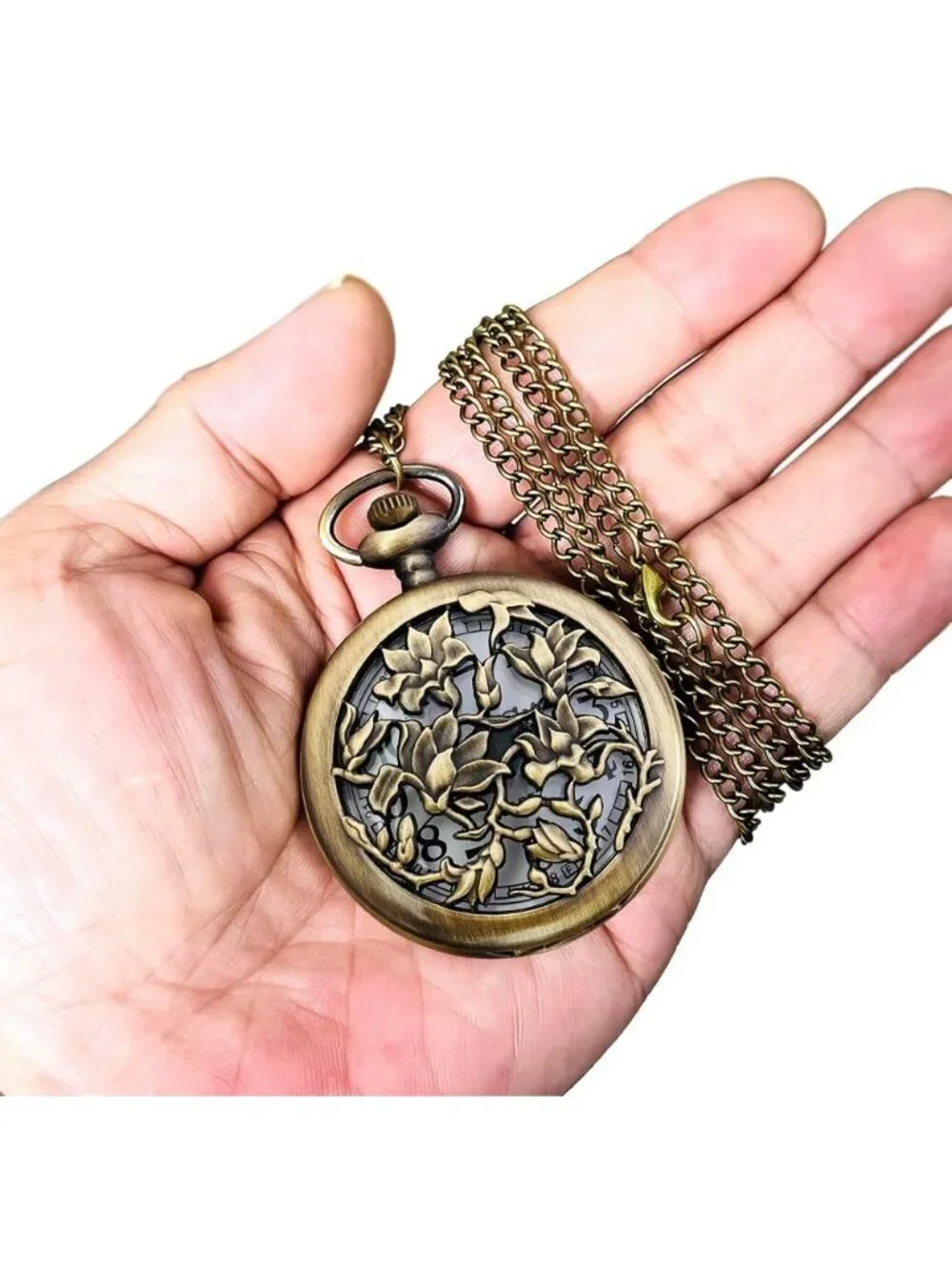 Men's White Vintage Chain Quartz Bronze Vines Necklace Halloween Pocket Watch